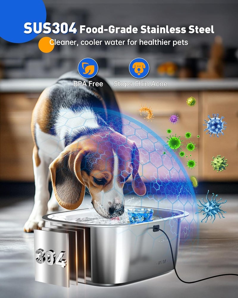 petnf Dog Water Fountain for Large Dogs Stainless Steel, 3Gal Extra Large Dog Water Bowl Dispenser with 2 Filters & Visual Window, Automatic Filtered Pet Fountain Indoor, Quiet Safe Pump with LED Indicator - Image 4
